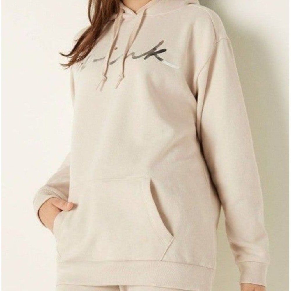 PINK XL Victoria Secret Cream With Silver Foil Shine Logo Pullover Hoodi…